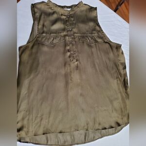 Olive Satin Utility Tank Blouse Size 14 Button Front Sleeveless Boho Chic Top